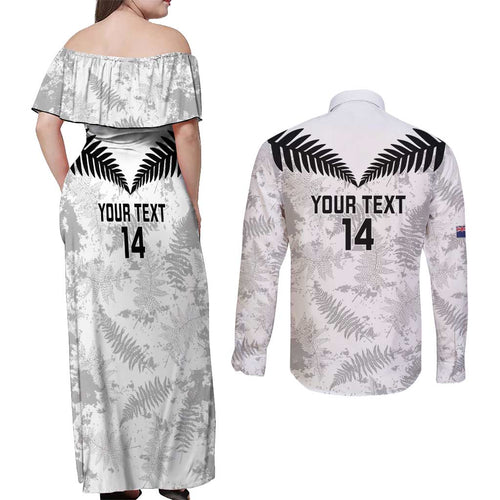 Custom New Zealand Silver Fern Football Couples Matching Off Shoulder Maxi Dress and Long Sleeve Button Shirt Go Aotearoa Grunge White - Aussie Hoodie