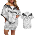 Custom New Zealand Silver Fern Football Couples Matching Off Shoulder Short Dress and Hawaiian Shirt Go Aotearoa Grunge White - Aussie Hoodie