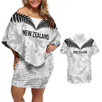 Custom New Zealand Silver Fern Football Couples Matching Off Shoulder Short Dress and Hawaiian Shirt Go Aotearoa Grunge White - Aussie Hoodie