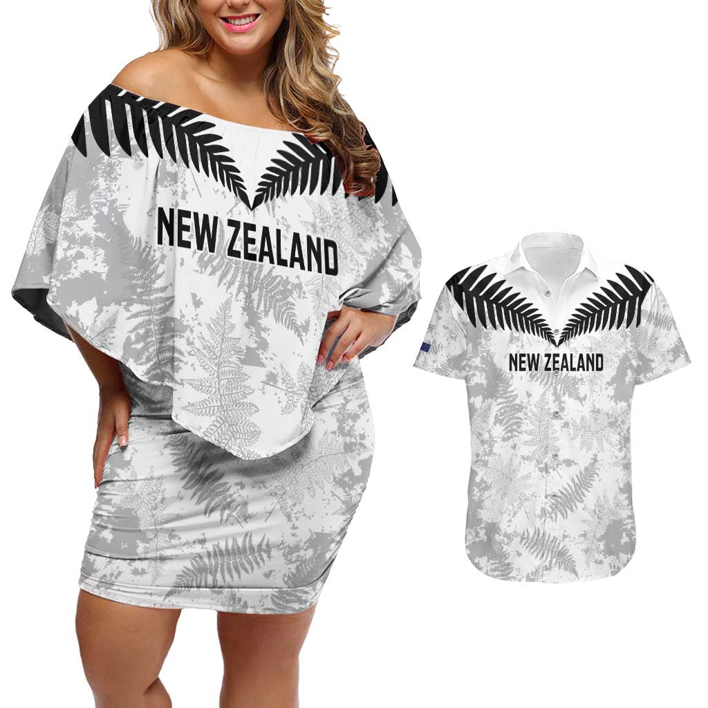 Custom New Zealand Silver Fern Football Couples Matching Off Shoulder Short Dress and Hawaiian Shirt Go Aotearoa Grunge White - Aussie Hoodie