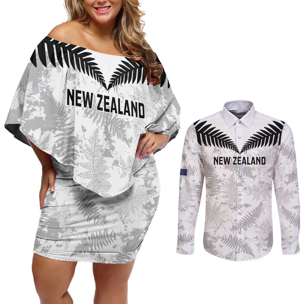 Custom New Zealand Silver Fern Football Couples Matching Off Shoulder Short Dress and Long Sleeve Button Shirt Go Aotearoa Grunge White - Aussie Hoodie
