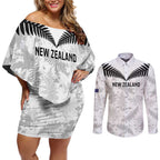 Custom New Zealand Silver Fern Football Couples Matching Off Shoulder Short Dress and Long Sleeve Button Shirt Go Aotearoa Grunge White - Aussie Hoodie