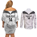 Custom New Zealand Silver Fern Football Couples Matching Off Shoulder Short Dress and Long Sleeve Button Shirt Go Aotearoa Grunge White - Aussie Hoodie