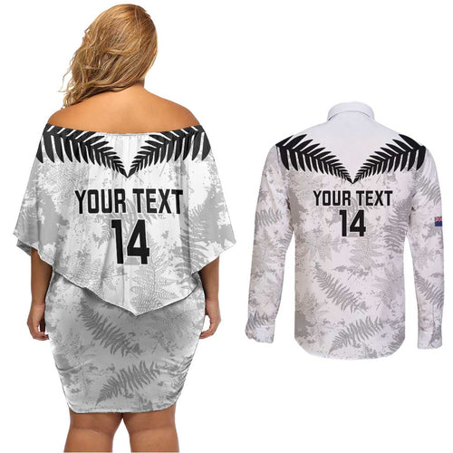 Custom New Zealand Silver Fern Football Couples Matching Off Shoulder Short Dress and Long Sleeve Button Shirt Go Aotearoa Grunge White - Aussie Hoodie
