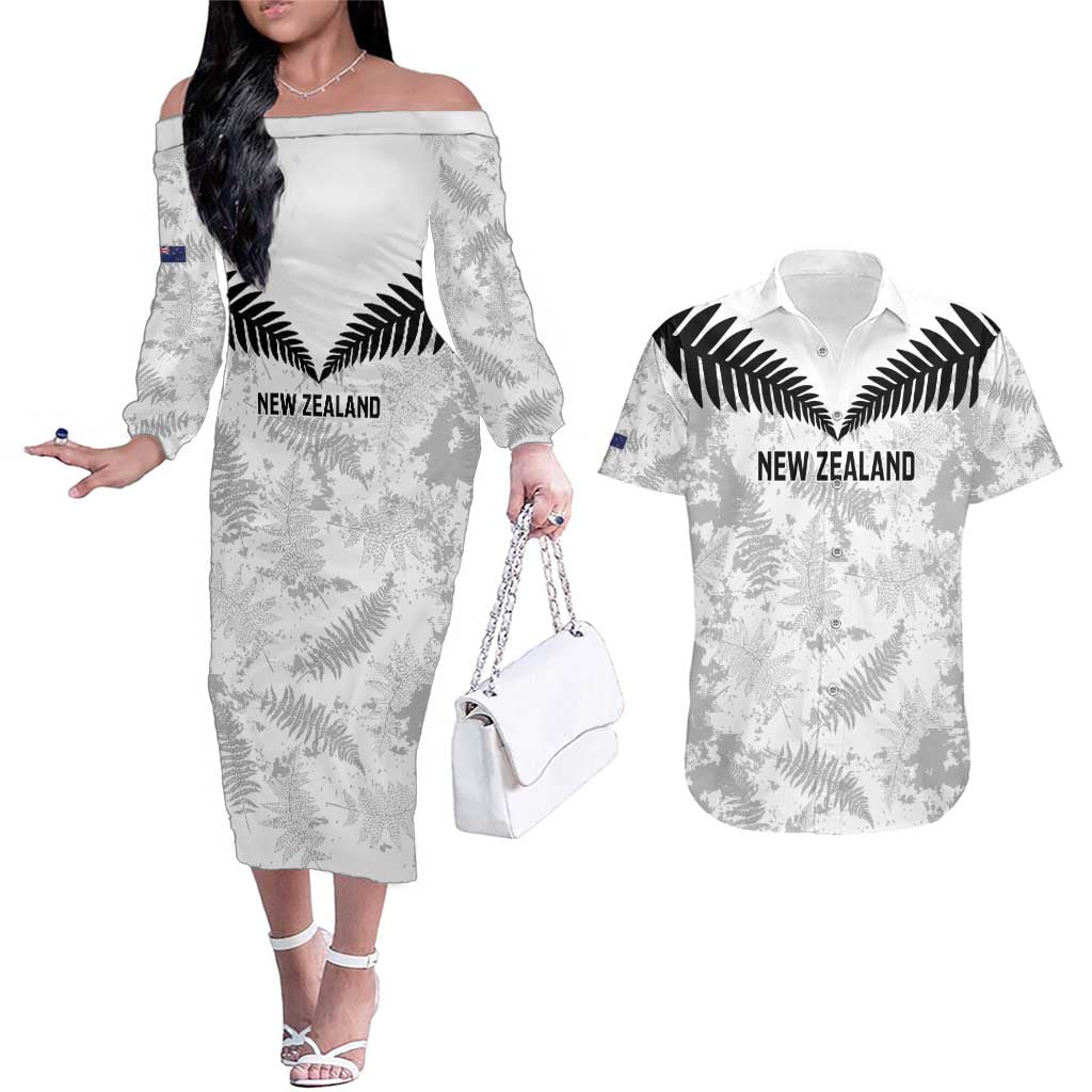 Custom New Zealand Silver Fern Football Couples Matching Off The Shoulder Long Sleeve Dress and Hawaiian Shirt Go Aotearoa Grunge White - Aussie Hoodie