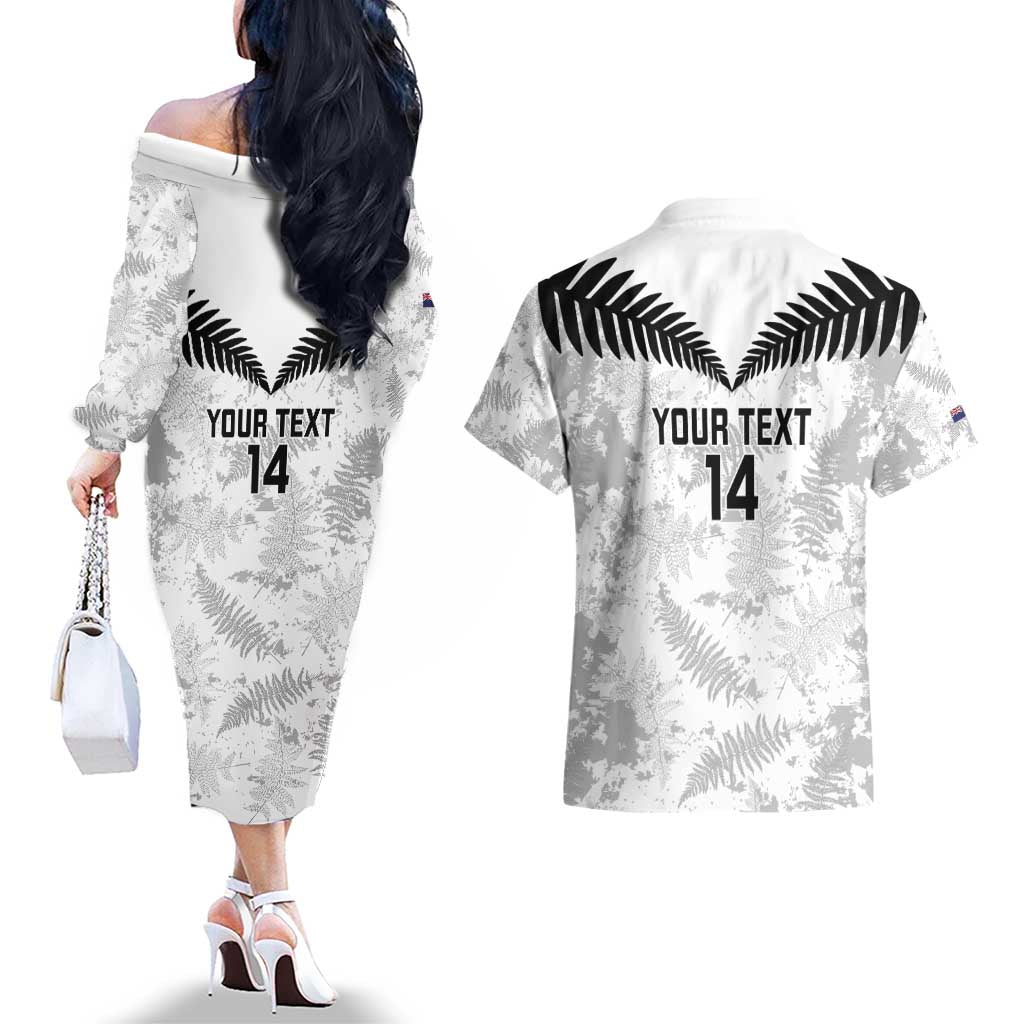 Custom New Zealand Silver Fern Football Couples Matching Off The Shoulder Long Sleeve Dress and Hawaiian Shirt Go Aotearoa Grunge White - Aussie Hoodie