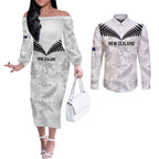 Custom New Zealand Silver Fern Football Couples Matching Off The Shoulder Long Sleeve Dress and Long Sleeve Button Shirt Go Aotearoa Grunge White - Aussie Hoodie