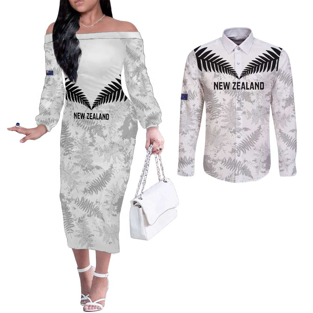 Custom New Zealand Silver Fern Football Couples Matching Off The Shoulder Long Sleeve Dress and Long Sleeve Button Shirt Go Aotearoa Grunge White - Aussie Hoodie