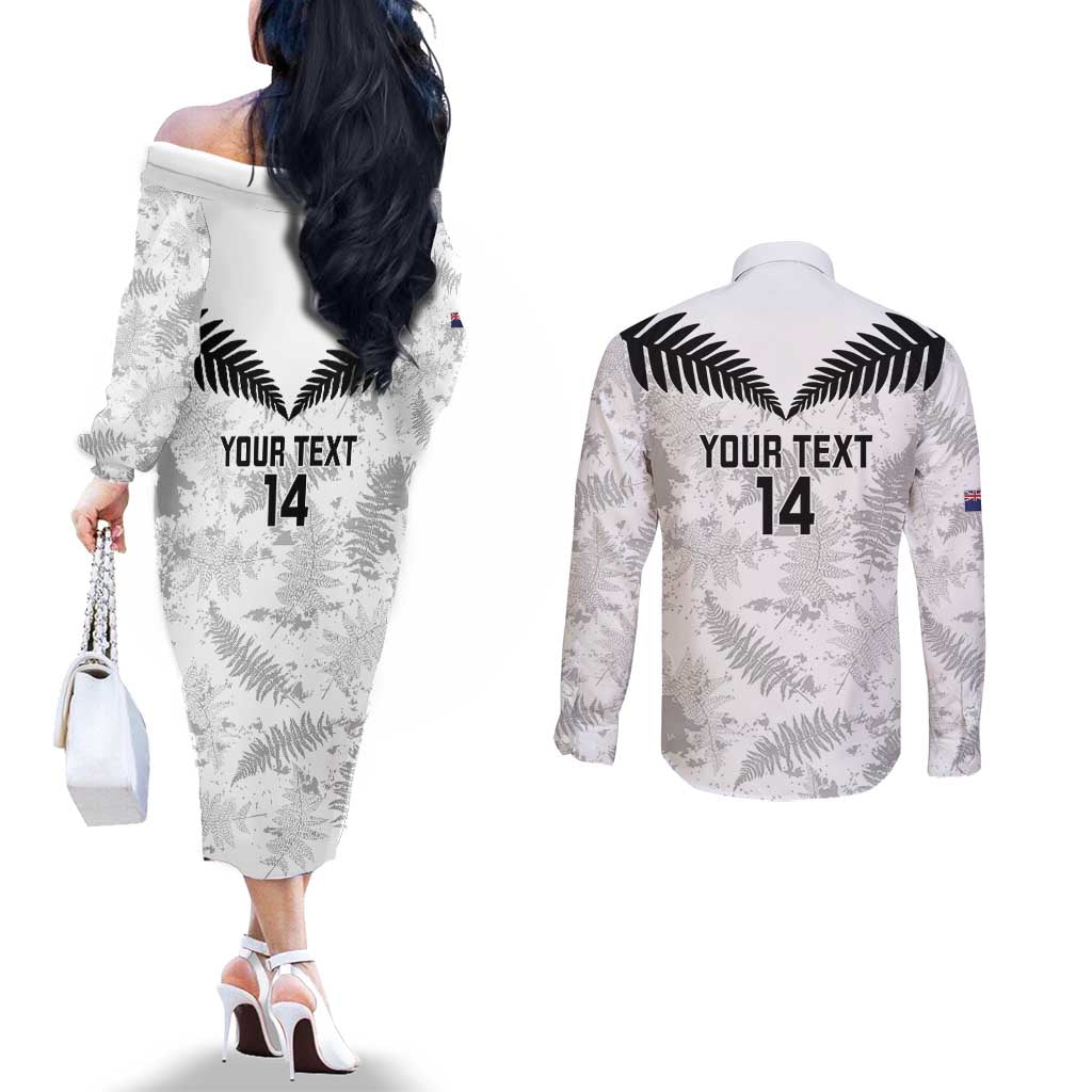Custom New Zealand Silver Fern Football Couples Matching Off The Shoulder Long Sleeve Dress and Long Sleeve Button Shirt Go Aotearoa Grunge White - Aussie Hoodie
