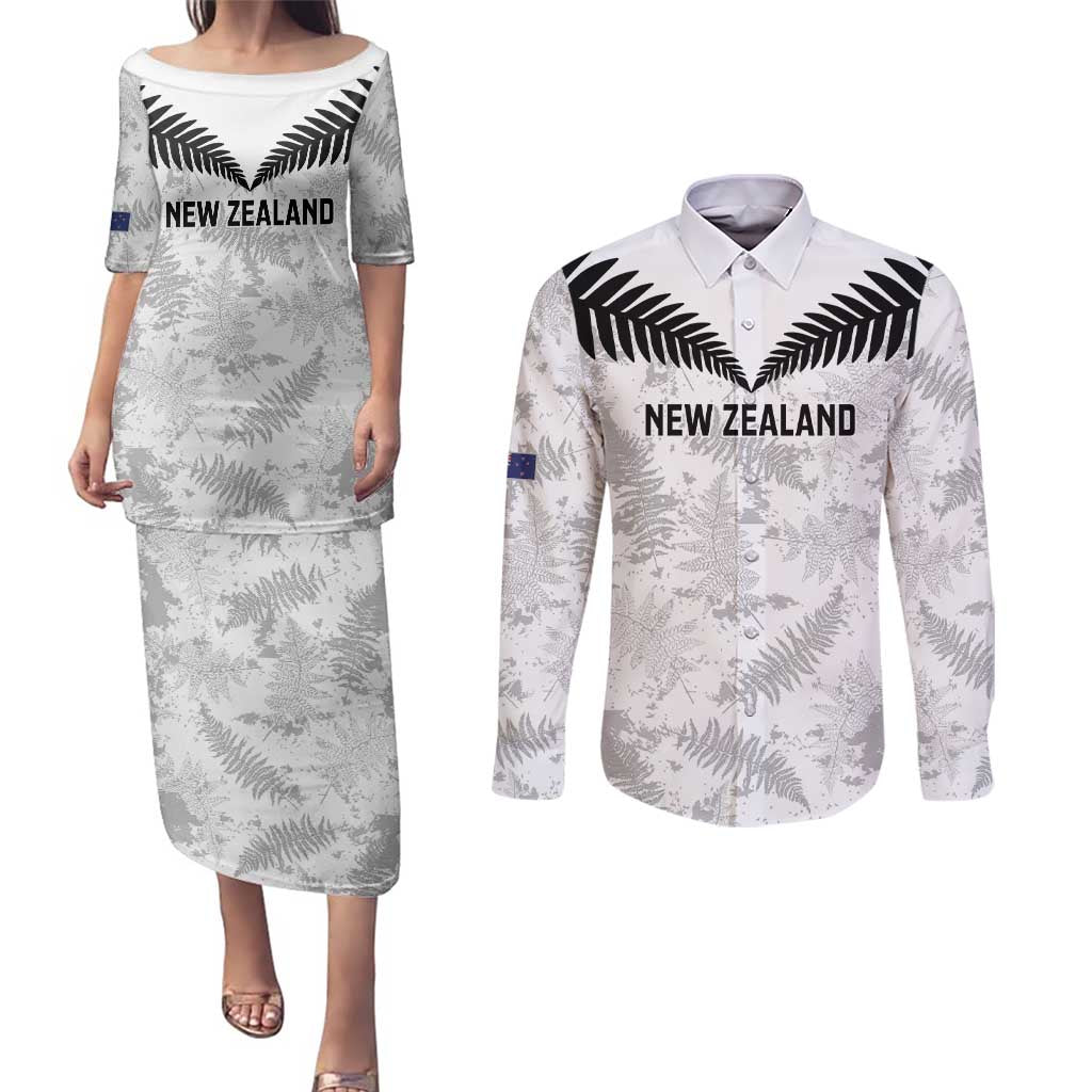 Custom New Zealand Silver Fern Football Couples Matching Puletasi and Long Sleeve Button Shirt Go Aotearoa Grunge White - Aussie Hoodie