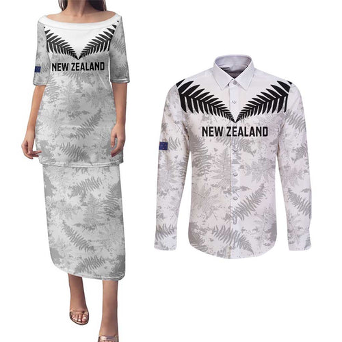 Custom New Zealand Silver Fern Football Couples Matching Puletasi and Long Sleeve Button Shirt Go Aotearoa Grunge White - Aussie Hoodie