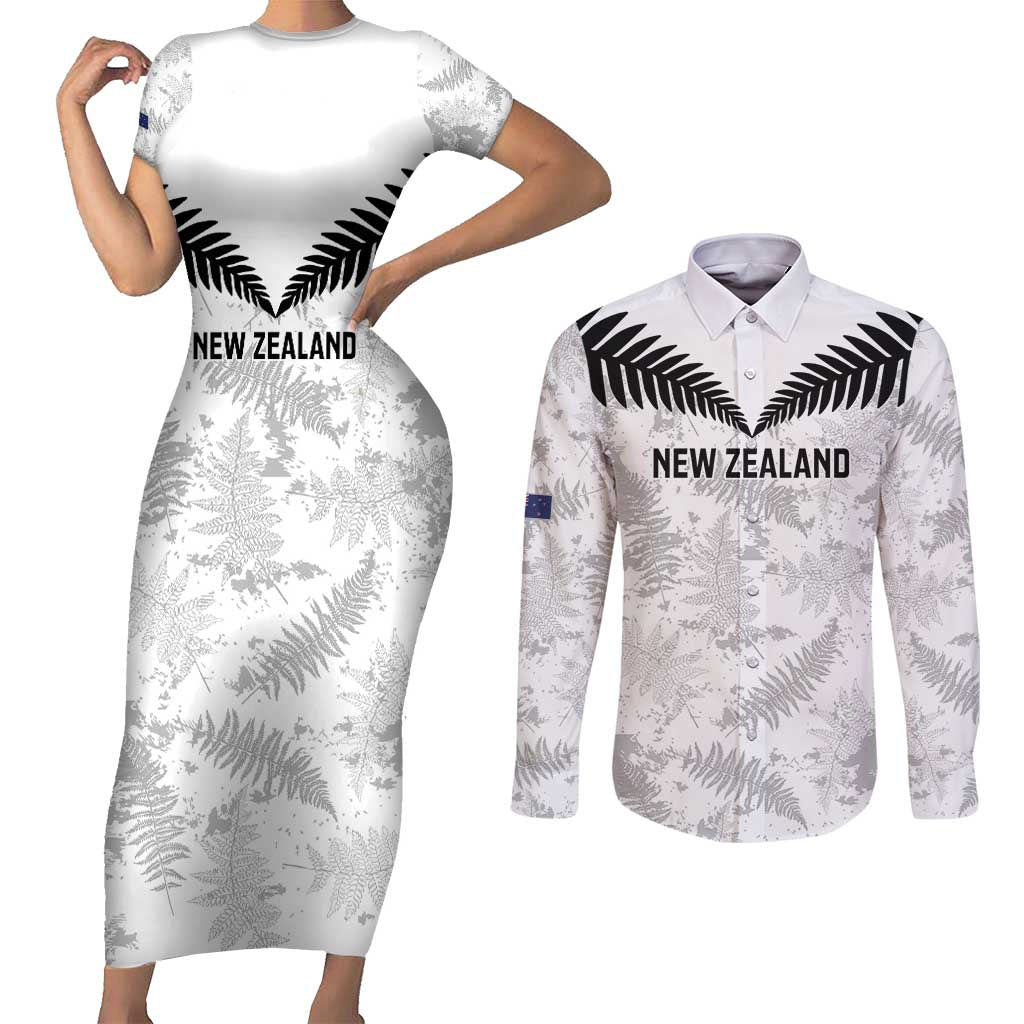 Custom New Zealand Silver Fern Football Couples Matching Short Sleeve Bodycon Dress and Long Sleeve Button Shirt Go Aotearoa Grunge White - Aussie Hoodie