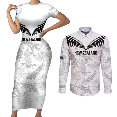 Custom New Zealand Silver Fern Football Couples Matching Short Sleeve Bodycon Dress and Long Sleeve Button Shirt Go Aotearoa Grunge White - Aussie Hoodie