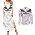 Custom New Zealand Silver Fern Football Couples Matching Summer Maxi Dress and Long Sleeve Button Shirt Go Aotearoa Grunge White - Aussie Hoodie