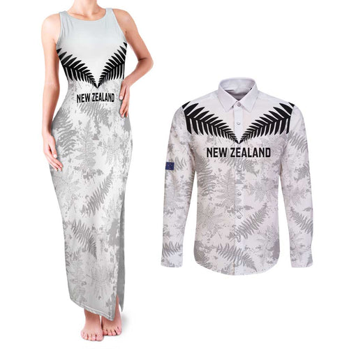 Custom New Zealand Silver Fern Football Couples Matching Tank Maxi Dress and Long Sleeve Button Shirt Go Aotearoa Grunge White - Aussie Hoodie