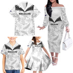 Custom New Zealand Silver Fern Football Family Matching Off The Shoulder Long Sleeve Dress and Hawaiian Shirt Go Aotearoa Grunge White - Aussie Hoodie