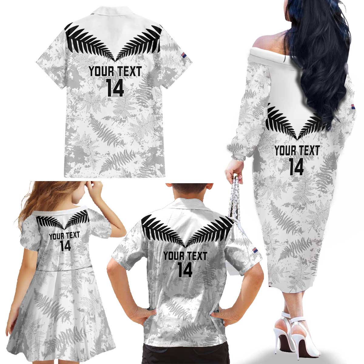 Custom New Zealand Silver Fern Football Family Matching Off The Shoulder Long Sleeve Dress and Hawaiian Shirt Go Aotearoa Grunge White - Aussie Hoodie