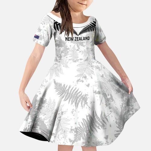 Custom New Zealand Silver Fern Football Kid Short Sleeve Dress Go Aotearoa Grunge White - Aussie Hoodie