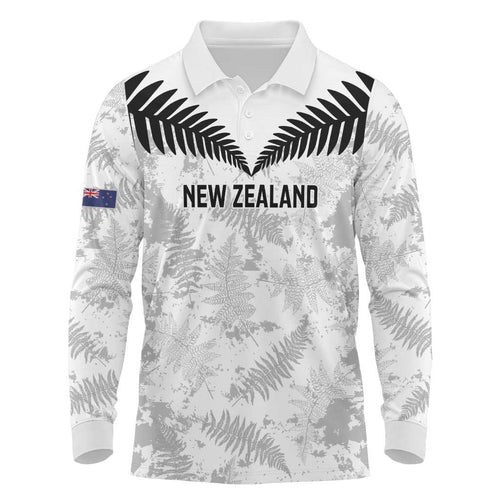 Custom New Zealand Silver Fern Football Long Sleeve Polo Shirt Go Aotearoa Grunge White - Aussie Hoodie
