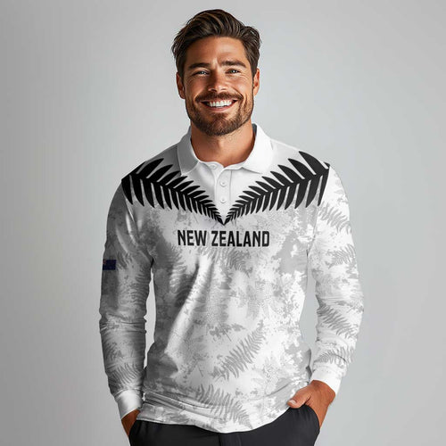 Custom New Zealand Silver Fern Football Long Sleeve Polo Shirt Go Aotearoa Grunge White - Aussie Hoodie