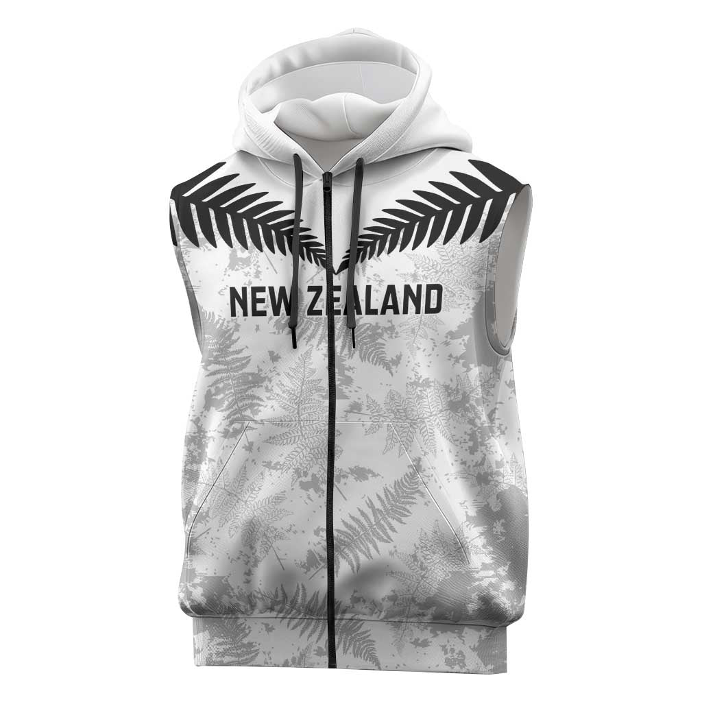 Custom New Zealand Silver Fern Football Sleeveless Zip Hoodie Go Aotearoa Grunge White LT14