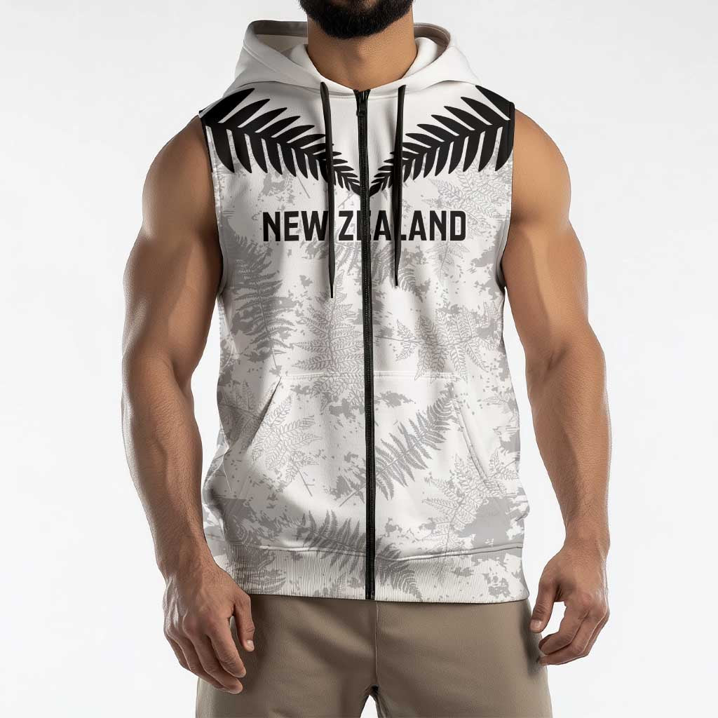 Custom New Zealand Silver Fern Football Sleeveless Zip Hoodie Go Aotearoa Grunge White LT14
