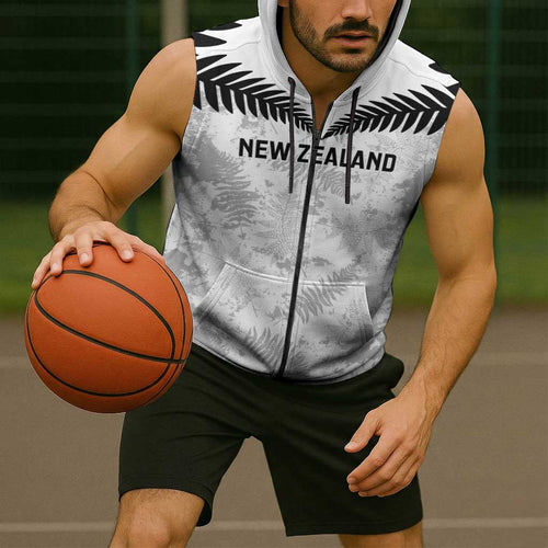 Custom New Zealand Silver Fern Football Sleeveless Zip Hoodie Go Aotearoa Grunge White LT14