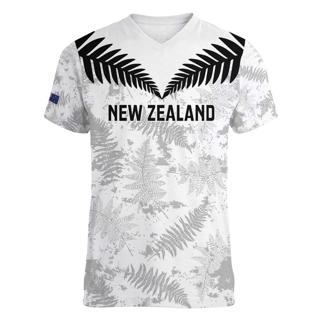 Custom New Zealand Silver Fern Football Women V-Neck T-Shirt Go Aotearoa Grunge White - Aussie Hoodie