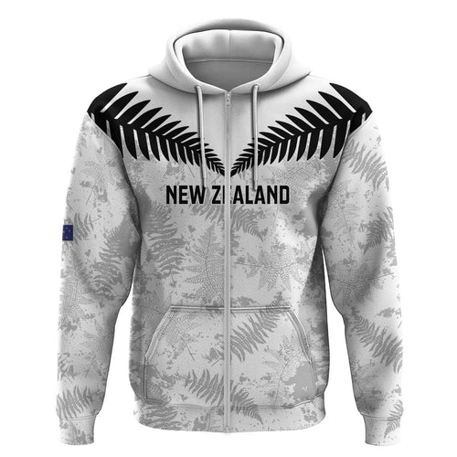 Custom New Zealand Silver Fern Football Zip Hoodie Go Aotearoa Grunge White - Aussie Hoodie