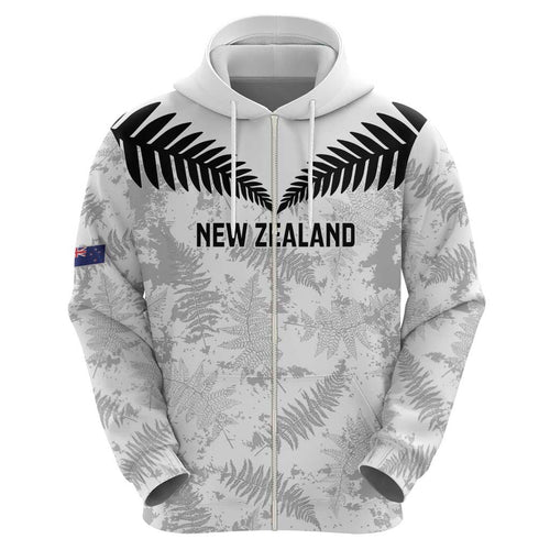 Custom New Zealand Silver Fern Football Zip Hoodie Go Aotearoa Grunge White - Aussie Hoodie