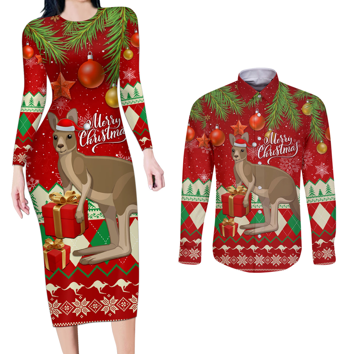 australia-christmas-couples-matching-long-sleeve-bodycon-dress-and-long-sleeve-button-shirt-aussie-kangaroo-santa-merry-xmas