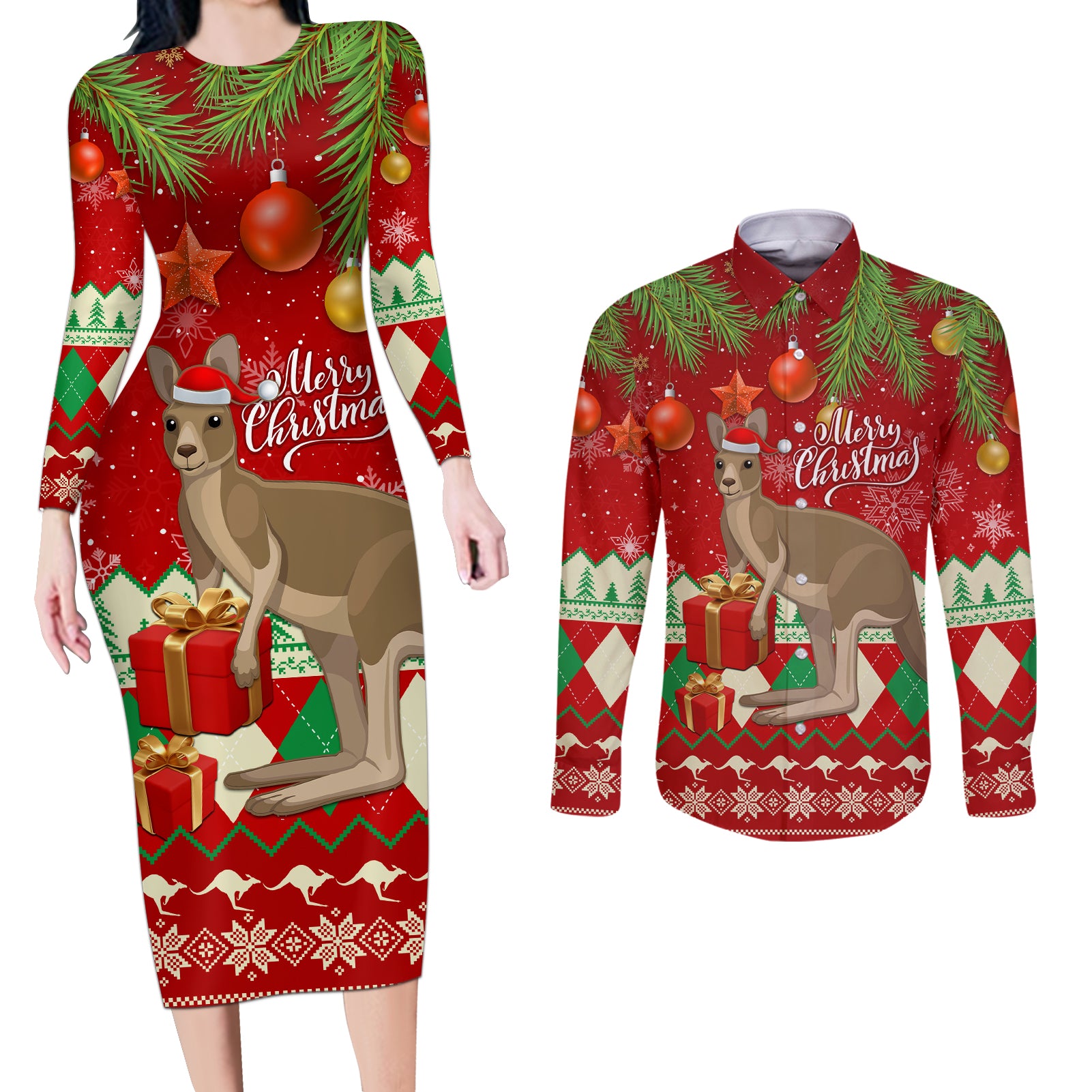 australia-christmas-couples-matching-long-sleeve-bodycon-dress-and-long-sleeve-button-shirt-aussie-kangaroo-santa-merry-xmas