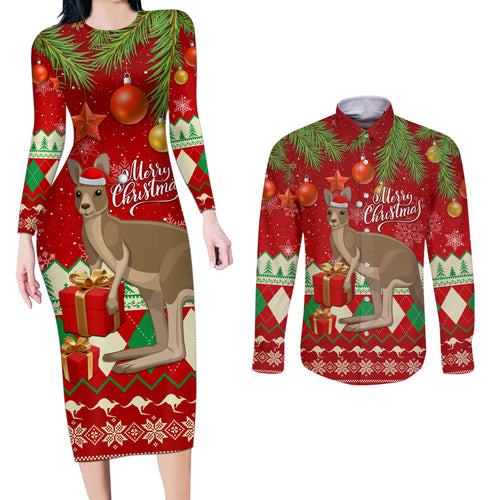 australia-christmas-couples-matching-long-sleeve-bodycon-dress-and-long-sleeve-button-shirt-aussie-kangaroo-santa-merry-xmas
