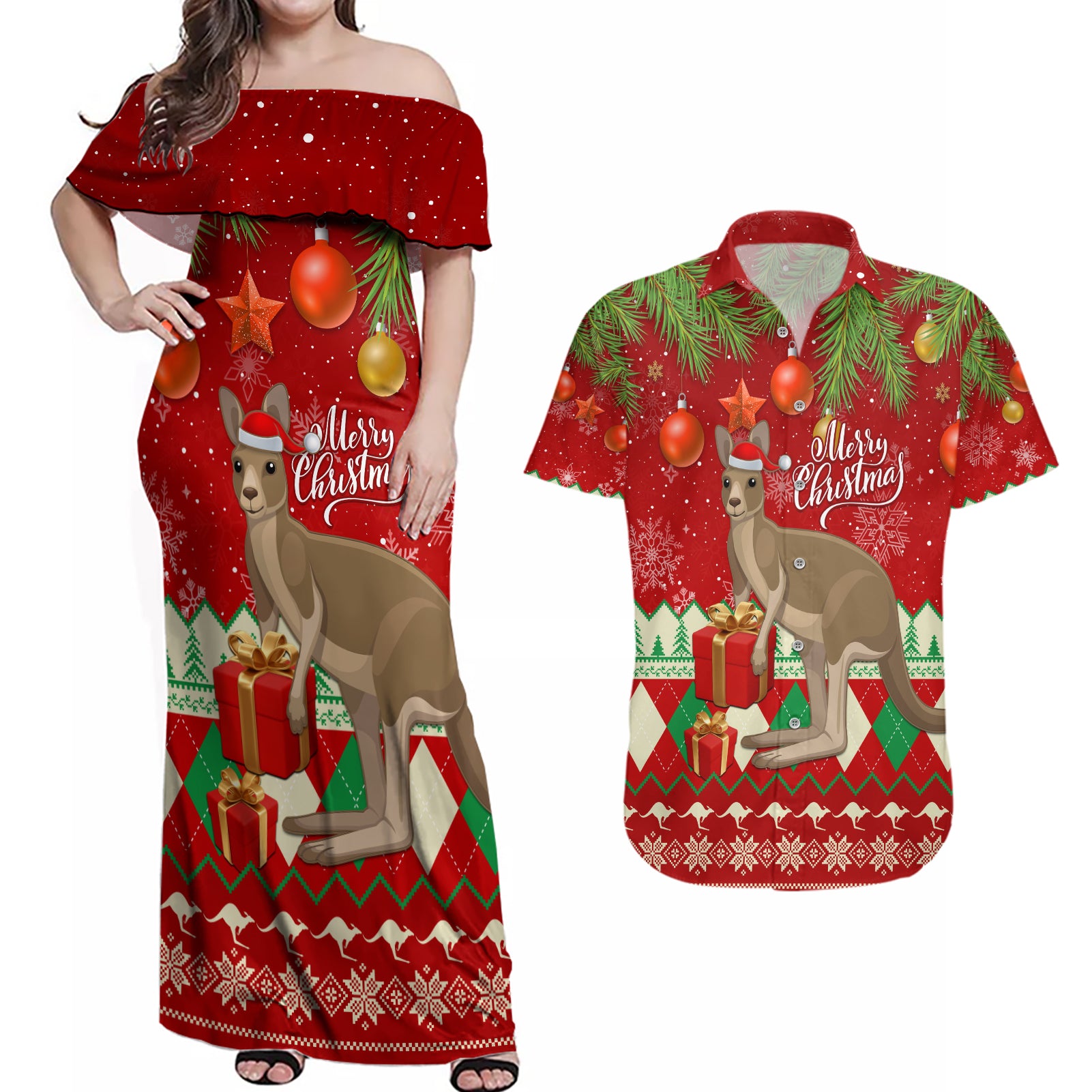 australia-christmas-couples-matching-off-shoulder-maxi-dress-and-hawaiian-shirt-aussie-kangaroo-santa-merry-xmas