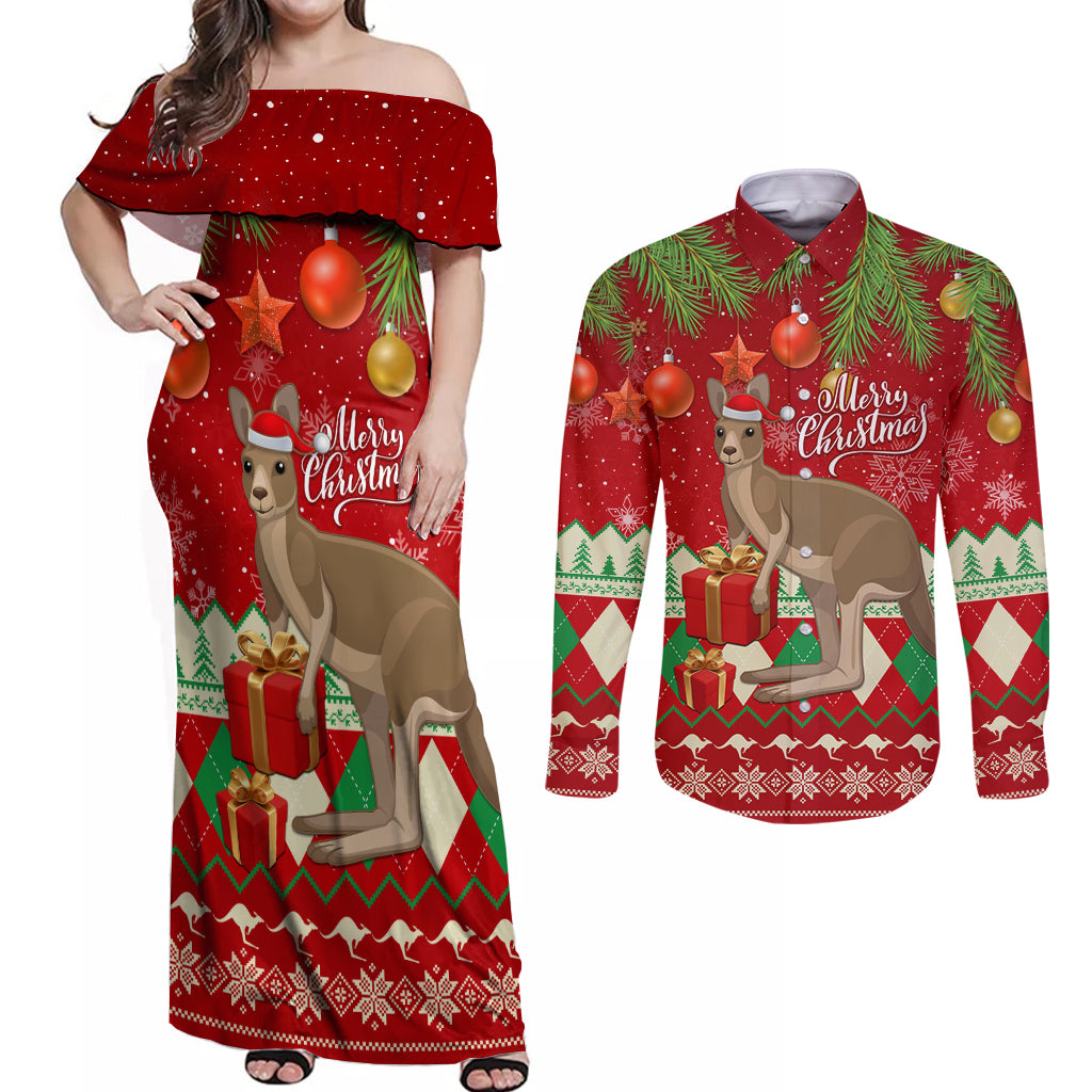 australia-christmas-couples-matching-off-shoulder-maxi-dress-and-long-sleeve-button-shirt-aussie-kangaroo-santa-merry-xmas