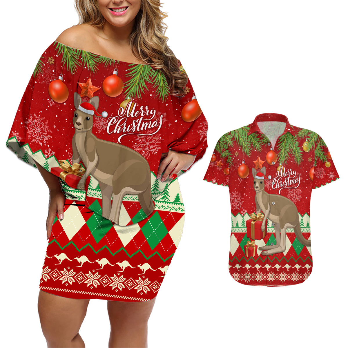 australia-christmas-couples-matching-off-shoulder-short-dress-and-hawaiian-shirt-aussie-kangaroo-santa-merry-xmas