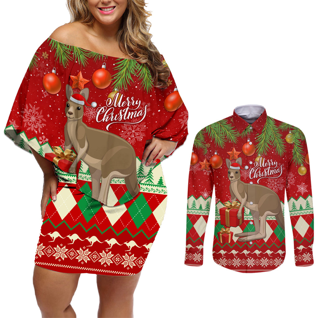 australia-christmas-couples-matching-off-shoulder-short-dress-and-long-sleeve-button-shirt-aussie-kangaroo-santa-merry-xmas