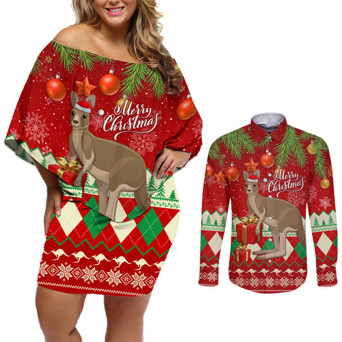 australia-christmas-couples-matching-off-shoulder-short-dress-and-long-sleeve-button-shirt-aussie-kangaroo-santa-merry-xmas