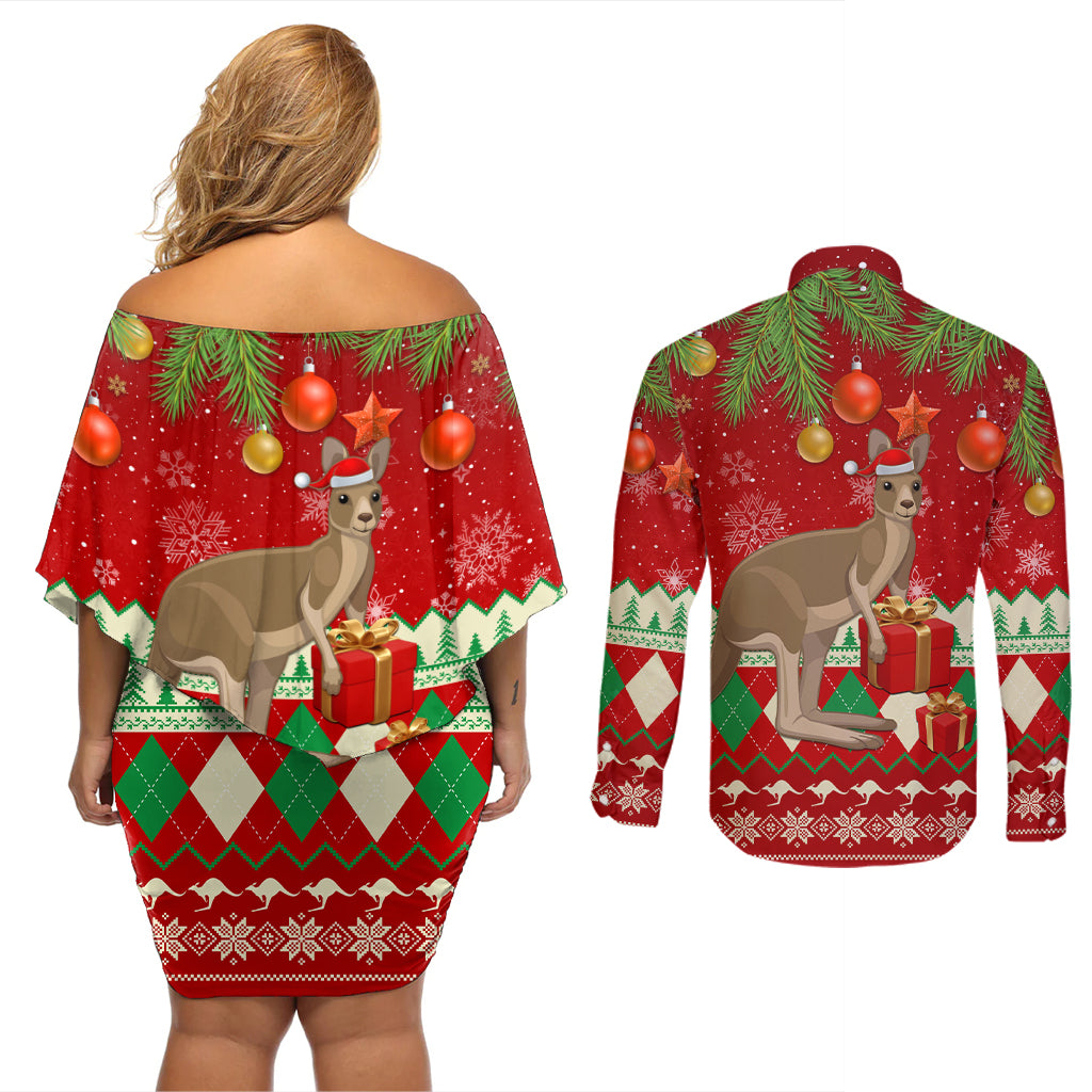 australia-christmas-couples-matching-off-shoulder-short-dress-and-long-sleeve-button-shirt-aussie-kangaroo-santa-merry-xmas