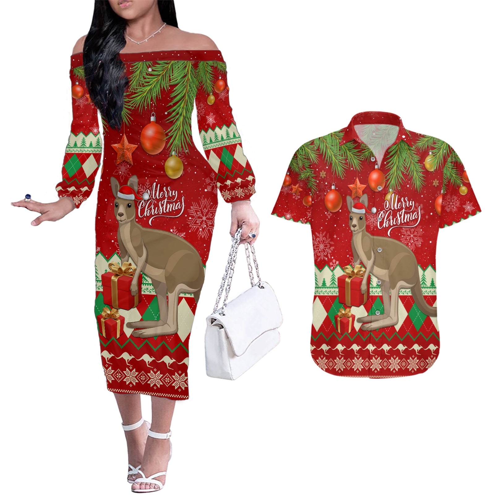 australia-christmas-couples-matching-off-the-shoulder-long-sleeve-dress-and-hawaiian-shirt-aussie-kangaroo-santa-merry-xmas