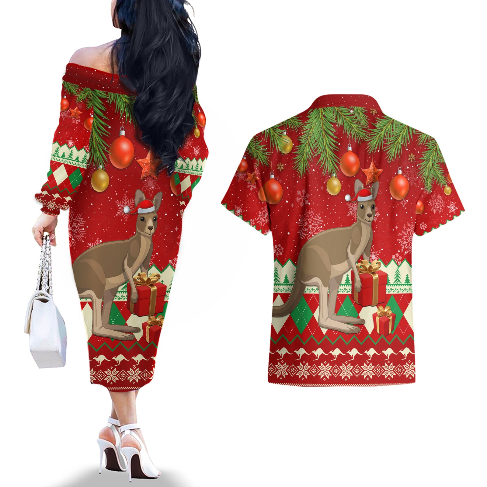 australia-christmas-couples-matching-off-the-shoulder-long-sleeve-dress-and-hawaiian-shirt-aussie-kangaroo-santa-merry-xmas