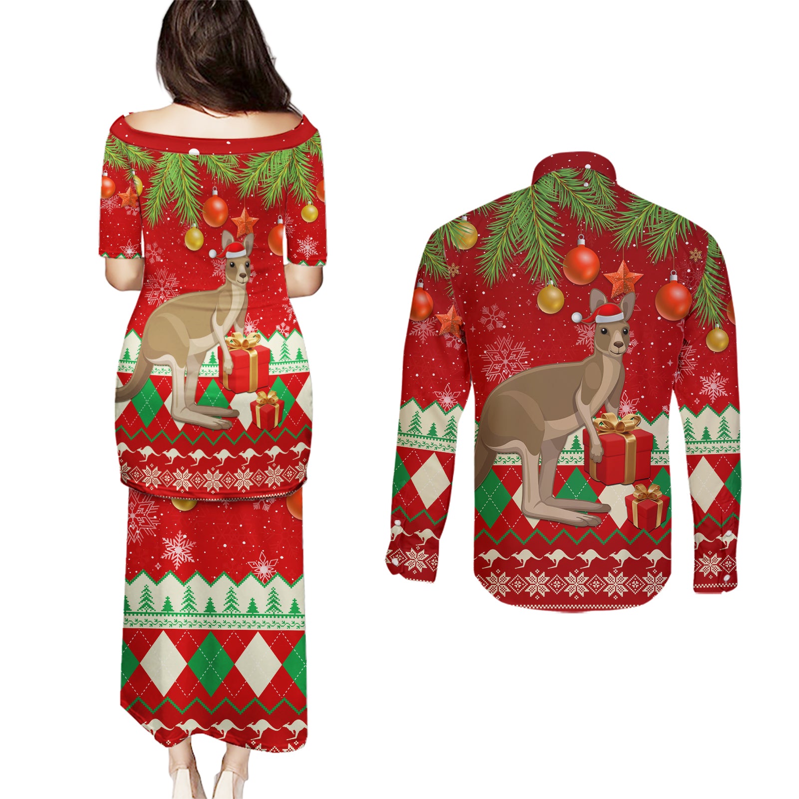 australia-christmas-couples-matching-puletasi-dress-and-long-sleeve-button-shirt-aussie-kangaroo-santa-merry-xmas