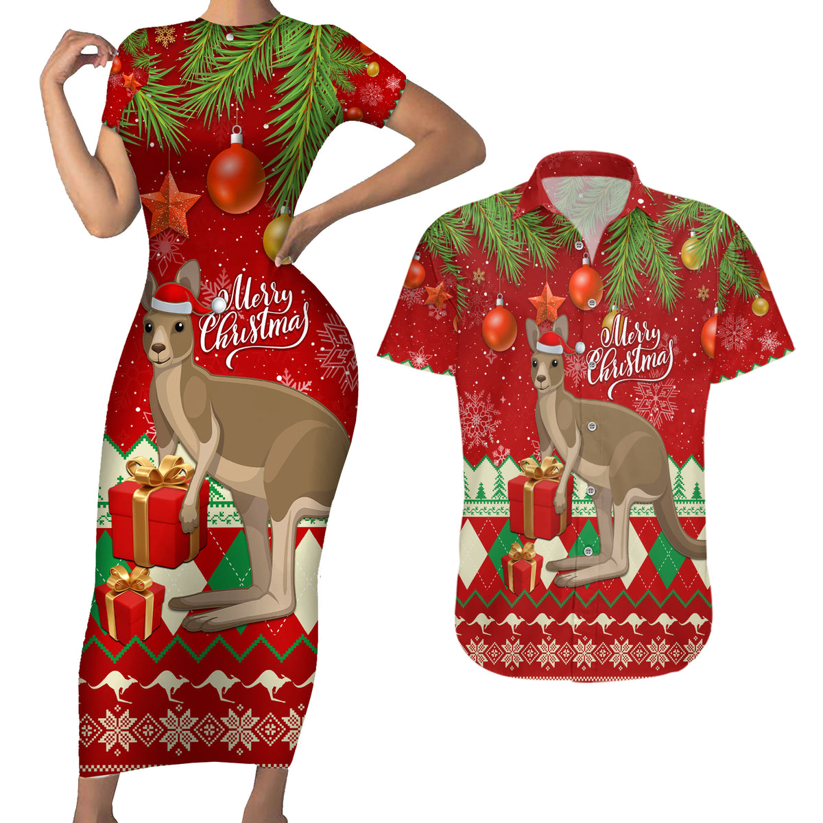 australia-christmas-couples-matching-short-sleeve-bodycon-dress-and-hawaiian-shirt-aussie-kangaroo-santa-merry-xmas