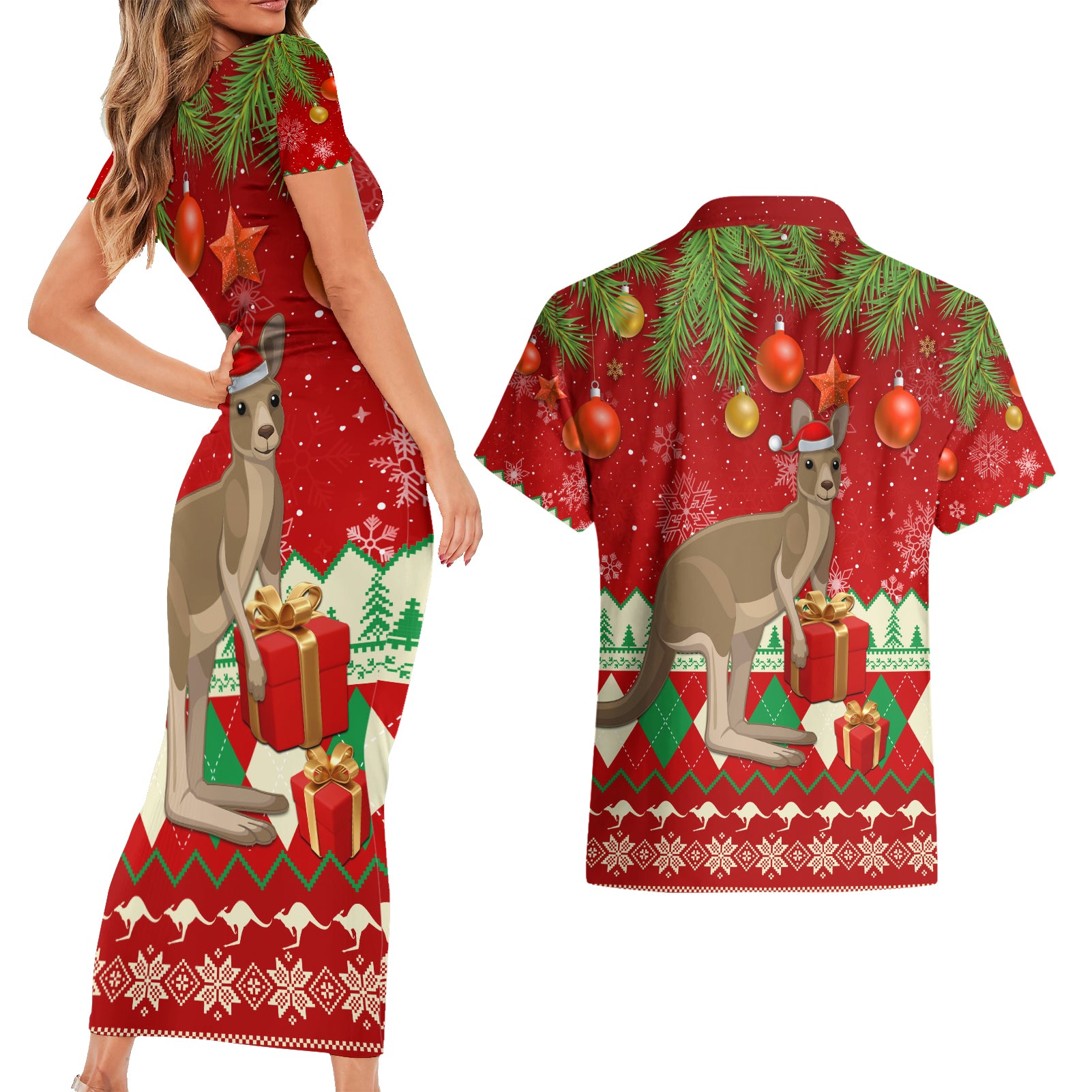 australia-christmas-couples-matching-short-sleeve-bodycon-dress-and-hawaiian-shirt-aussie-kangaroo-santa-merry-xmas