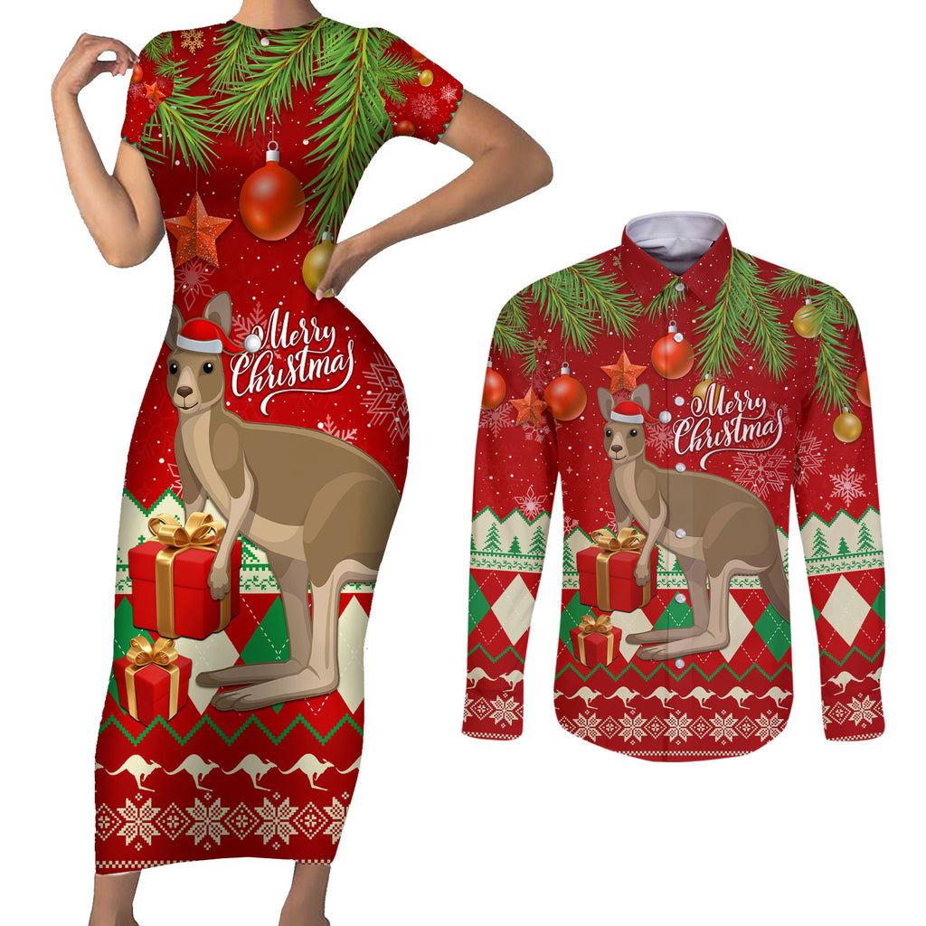 australia-christmas-couples-matching-short-sleeve-bodycon-dress-and-long-sleeve-button-shirt-aussie-kangaroo-santa-merry-xmas