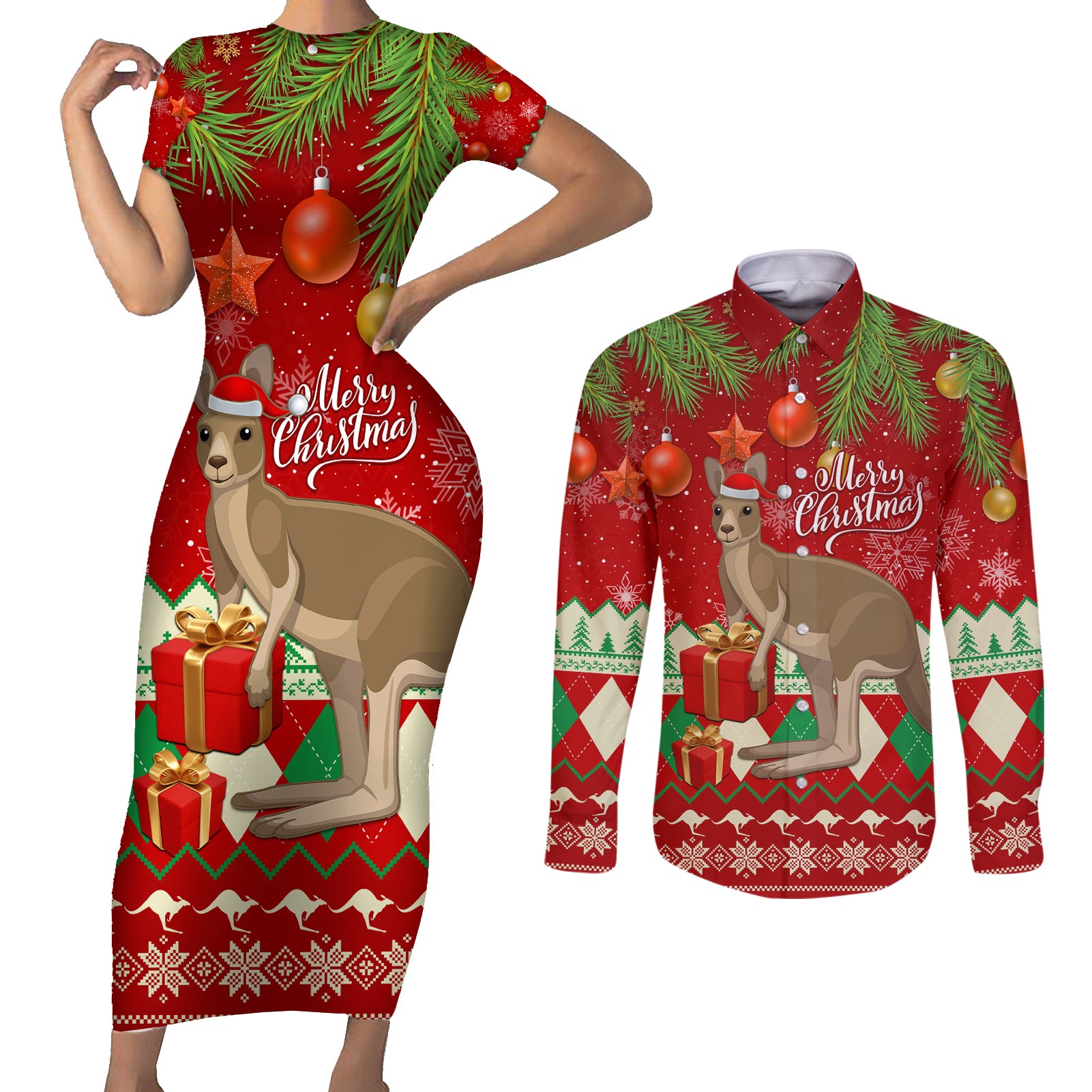 australia-christmas-couples-matching-short-sleeve-bodycon-dress-and-long-sleeve-button-shirt-aussie-kangaroo-santa-merry-xmas