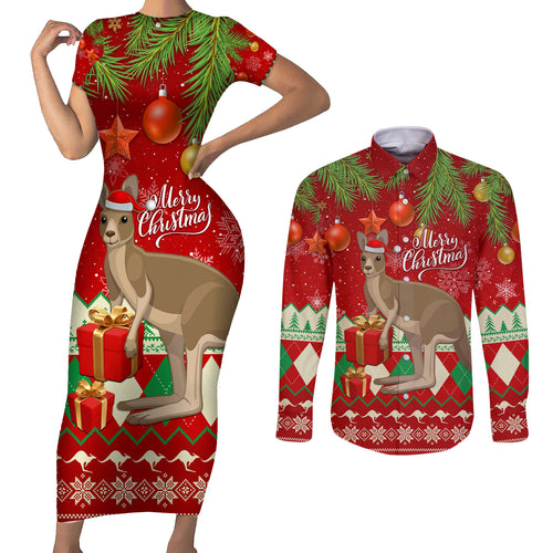 australia-christmas-couples-matching-short-sleeve-bodycon-dress-and-long-sleeve-button-shirt-aussie-kangaroo-santa-merry-xmas