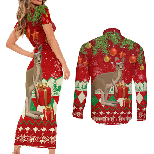 australia-christmas-couples-matching-short-sleeve-bodycon-dress-and-long-sleeve-button-shirt-aussie-kangaroo-santa-merry-xmas