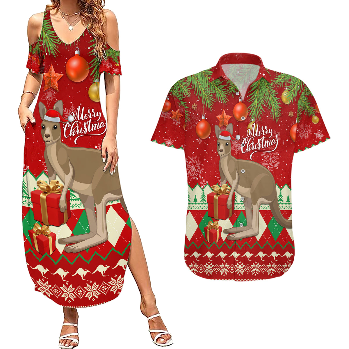 australia-christmas-couples-matching-summer-maxi-dress-and-hawaiian-shirt-aussie-kangaroo-santa-merry-xmas
