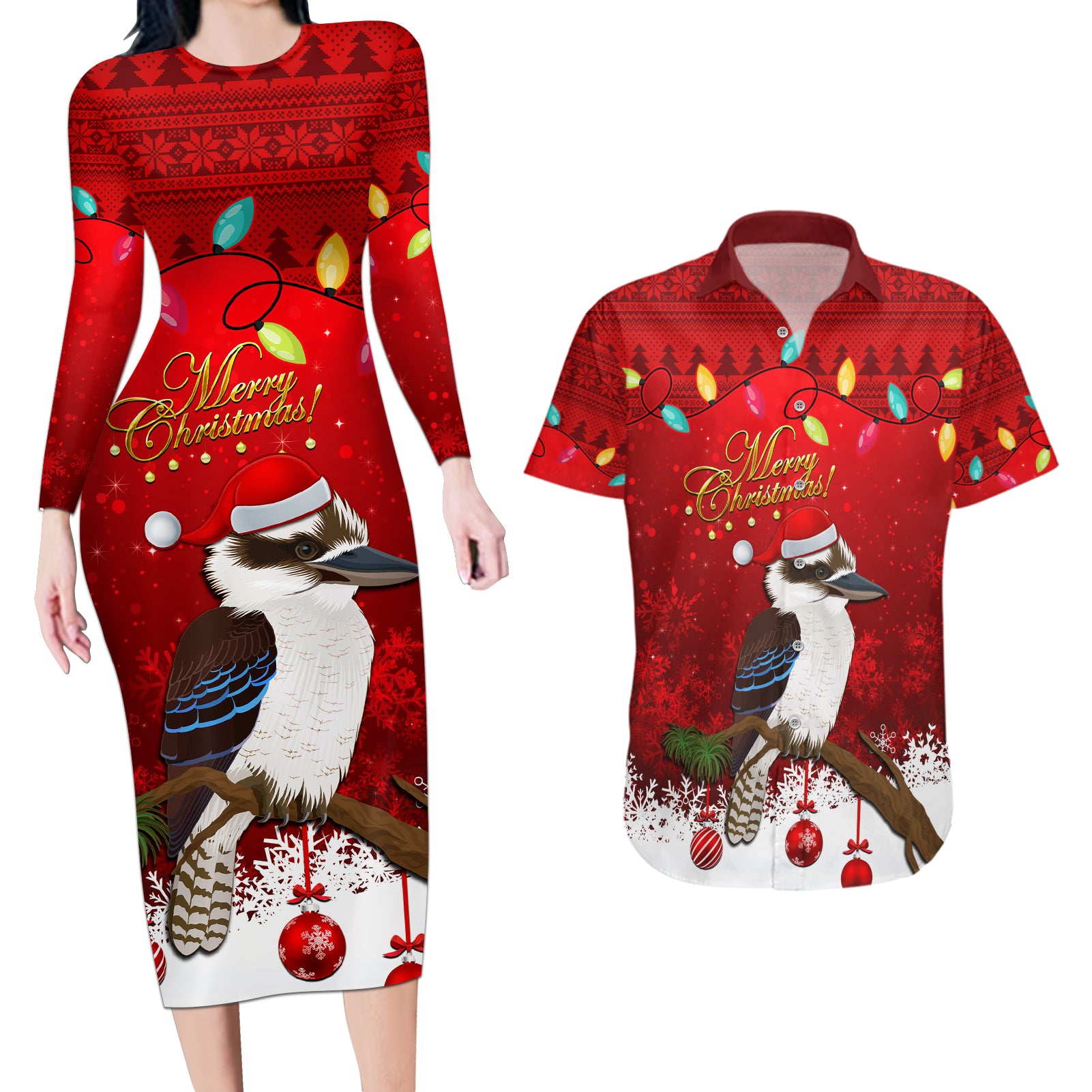 australia-christmas-couples-matching-long-sleeve-bodycon-dress-and-hawaiian-shirt-aussie-kookaburra-santa-merry-xmas
